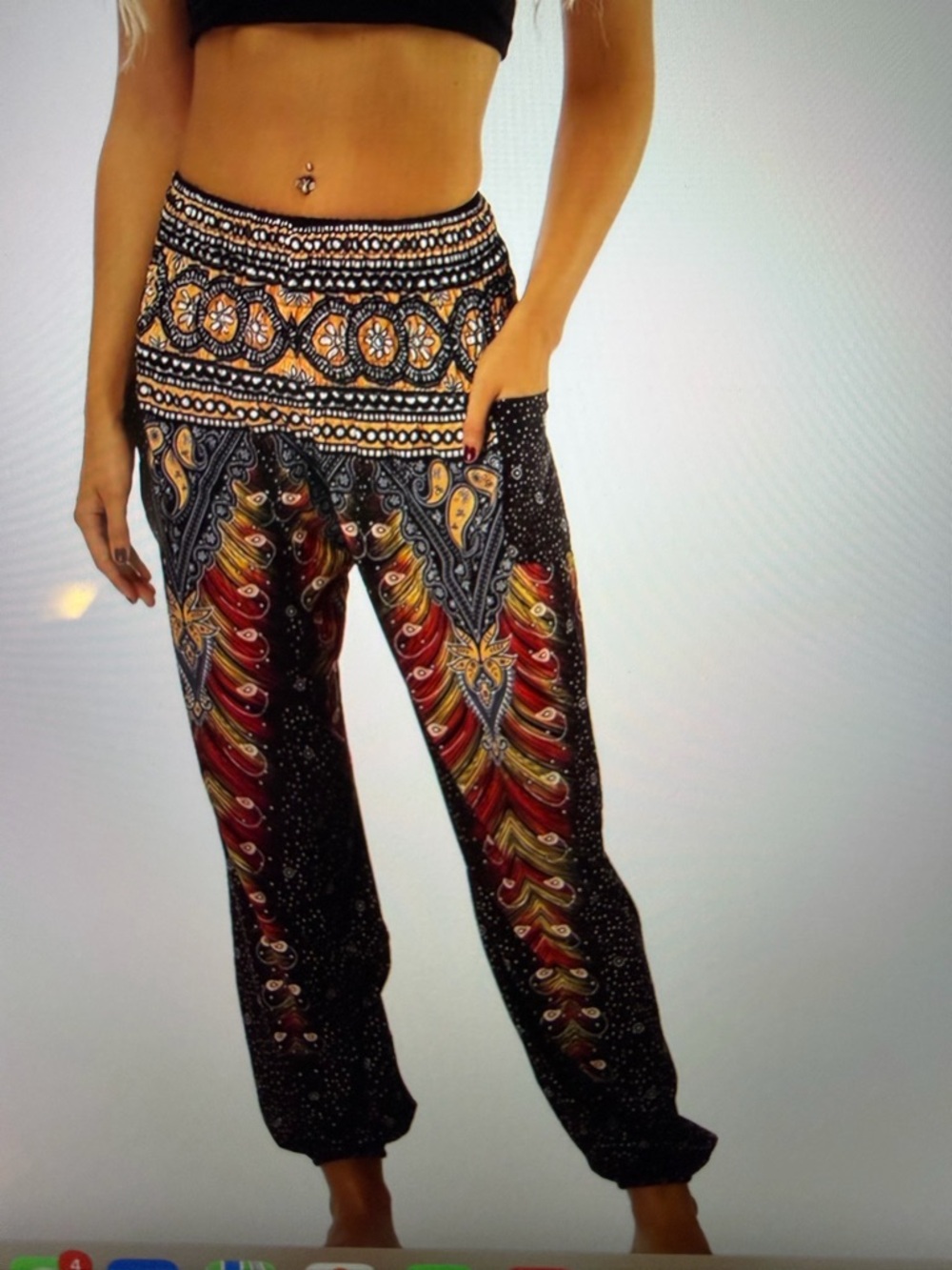 Smocked Waist Multicolor Feather-Print Harem Joggers - Gray/Yellow/Red